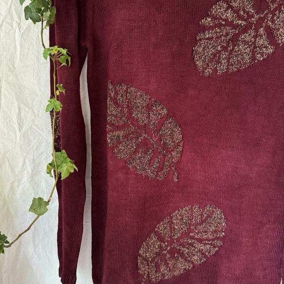 ✨RARE✨ 100% Wool Vintage Balloon Sleeve Tunic Wine Sweater with Gold Leaves - Picture 3 of 9